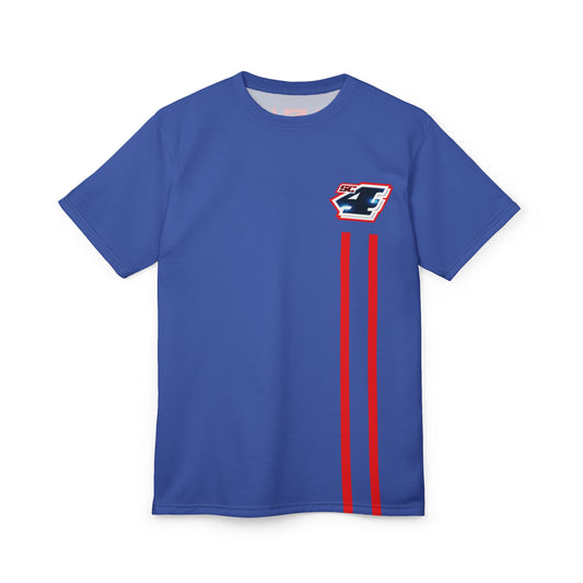Shane Crain Racing Style Unisex Tee, Stylish Graphic Tee, Sporty AOP Shirt, Casual Everyday Wear, Perfect Gift for Race Fans, Comfortable Fitness Outfit Blue