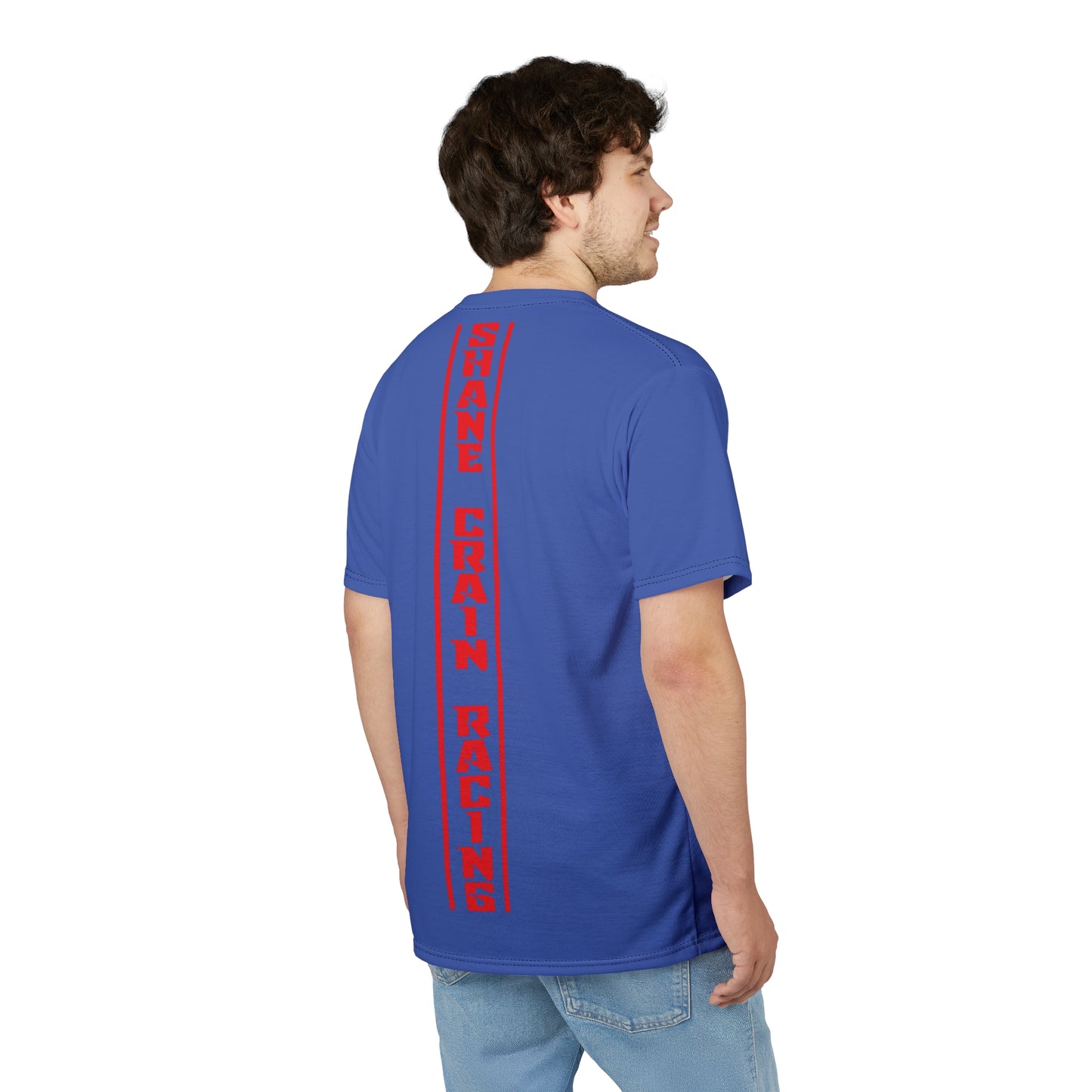 Shane Crain Racing Style Unisex Tee, Stylish Graphic Tee, Sporty AOP Shirt, Casual Everyday Wear, Perfect Gift for Race Fans, Comfortable Fitness Outfit Blue