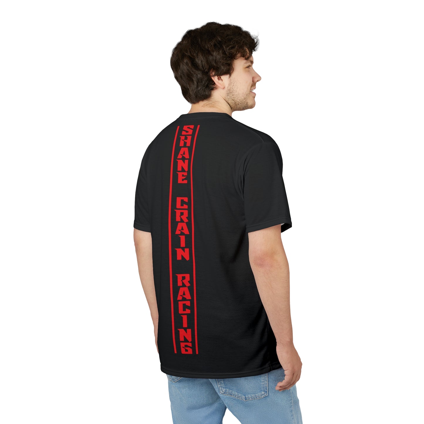 Shane Crain Racing Style Unisex Tee, Stylish Graphic Tee, Sporty AOP Shirt, Casual Everyday Wear, Perfect Gift for Race Fans, Comfortable Fitness Outfit