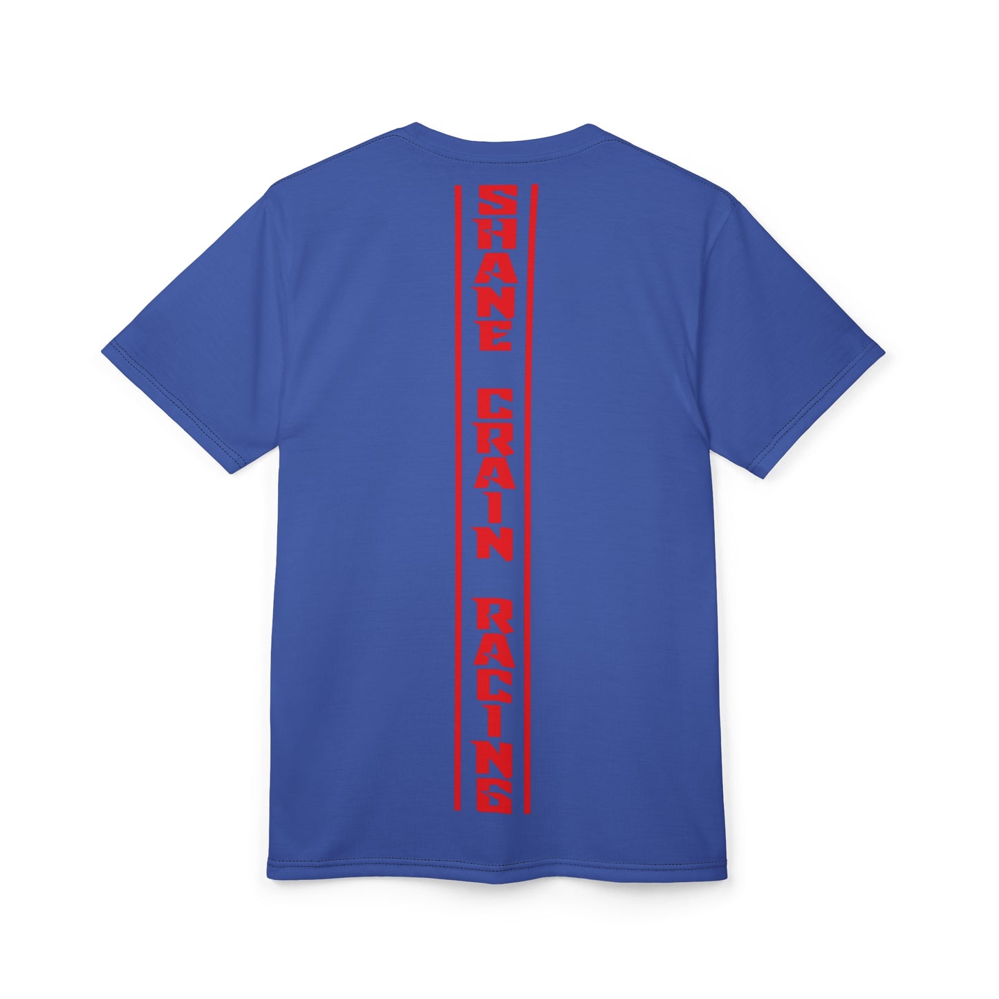 Shane Crain Racing Style Unisex Tee, Stylish Graphic Tee, Sporty AOP Shirt, Casual Everyday Wear, Perfect Gift for Race Fans, Comfortable Fitness Outfit Blue
