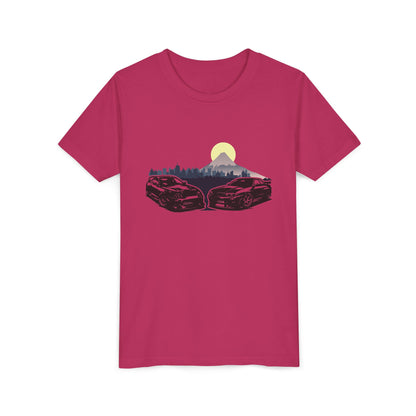 Skyline - Supra Youth Car Graphic Tee - Twin Sports Cars with Mountain Sunrise