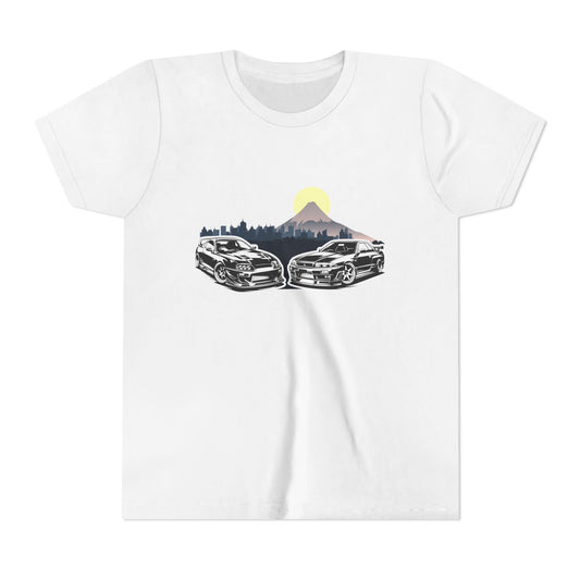 Skyline - Supra Youth Car Graphic Tee - Twin Sports Cars with Mountain Sunrise