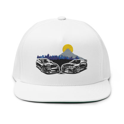 Embroidered Flat Bill Cap | Custom Car Design Hat for Car Enthusiasts, Birthday Gift, Supra & Skyline Tokyo