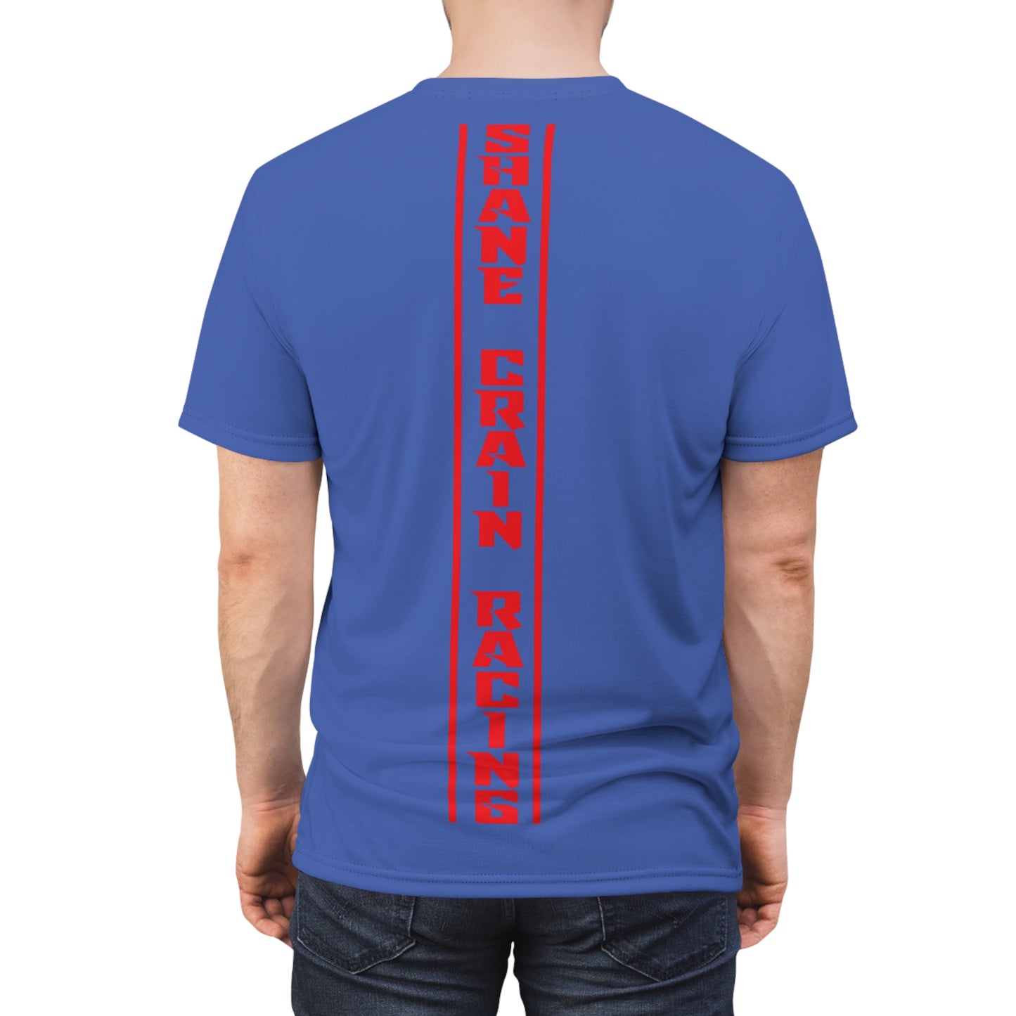 Shane Crain Racing Style Unisex Tee, Stylish Graphic Tee, Sporty AOP Shirt, Casual Everyday Wear, Perfect Gift for Race Fans, Comfortable Fitness Outfit Blue