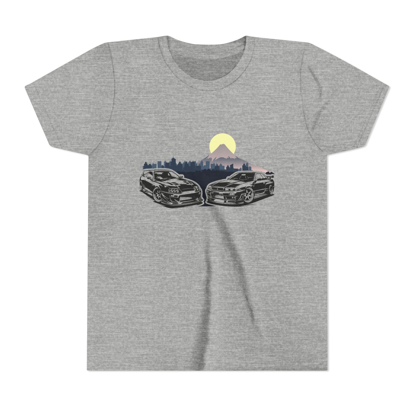 Skyline - Supra Youth Car Graphic Tee - Twin Sports Cars with Mountain Sunrise