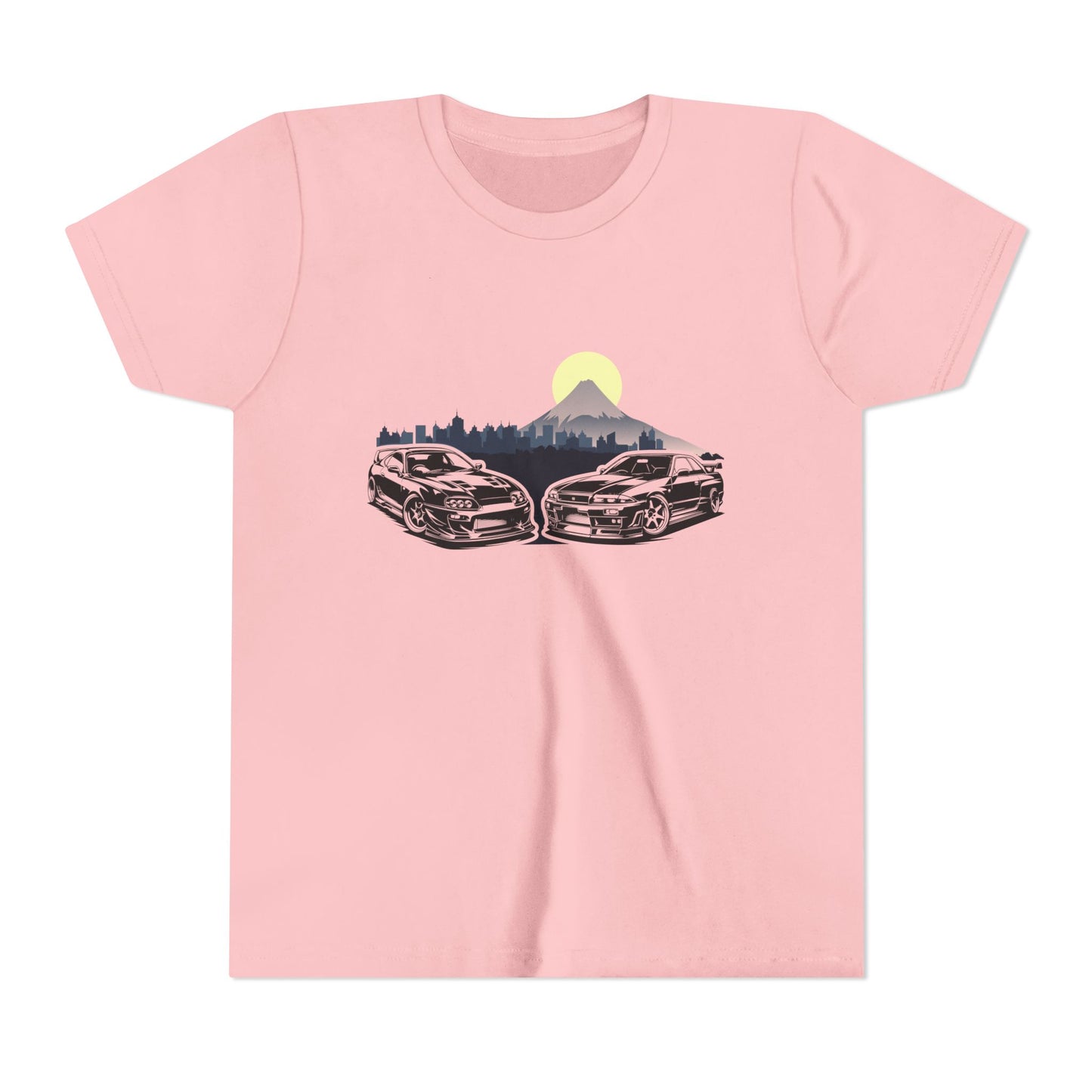 Skyline - Supra Youth Car Graphic Tee - Twin Sports Cars with Mountain Sunrise