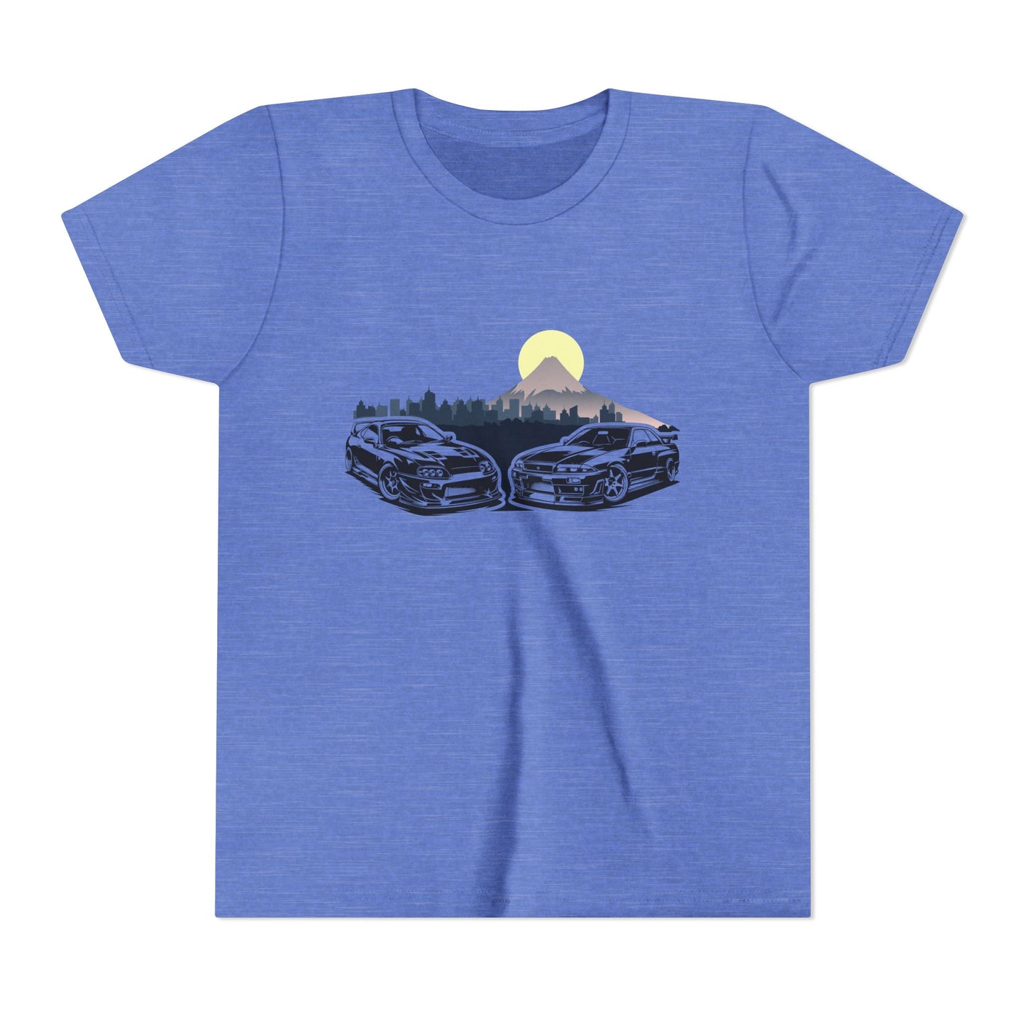 Skyline - Supra Youth Car Graphic Tee - Twin Sports Cars with Mountain Sunrise