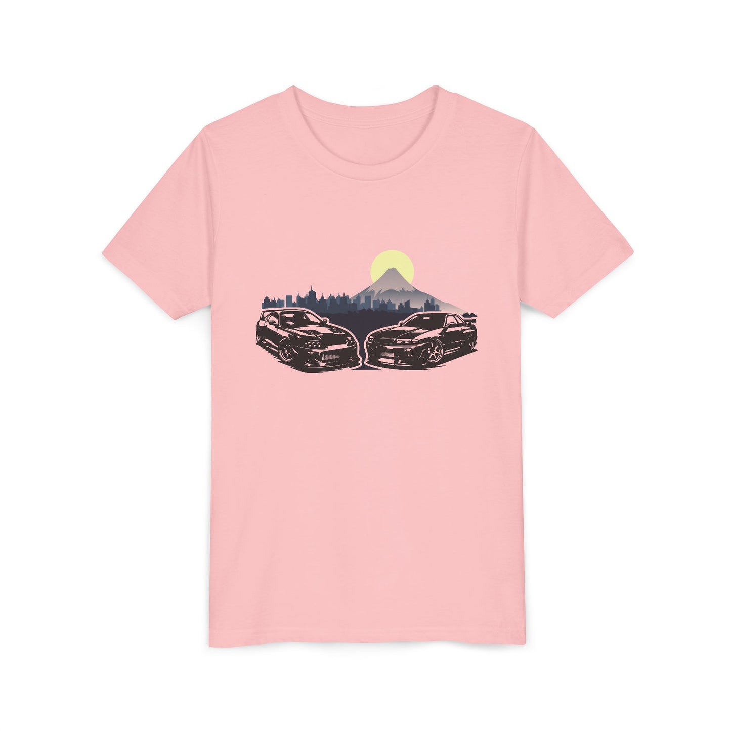 Skyline - Supra Youth Car Graphic Tee - Twin Sports Cars with Mountain Sunrise