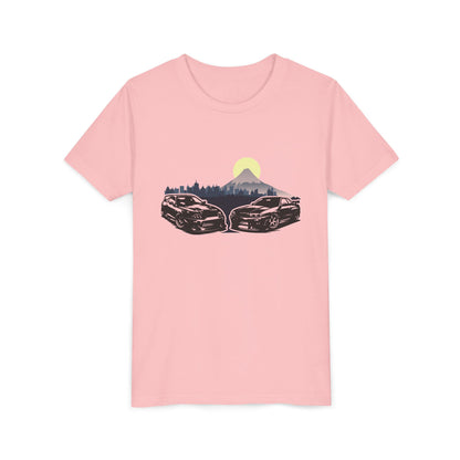 Skyline - Supra Youth Car Graphic Tee - Twin Sports Cars with Mountain Sunrise