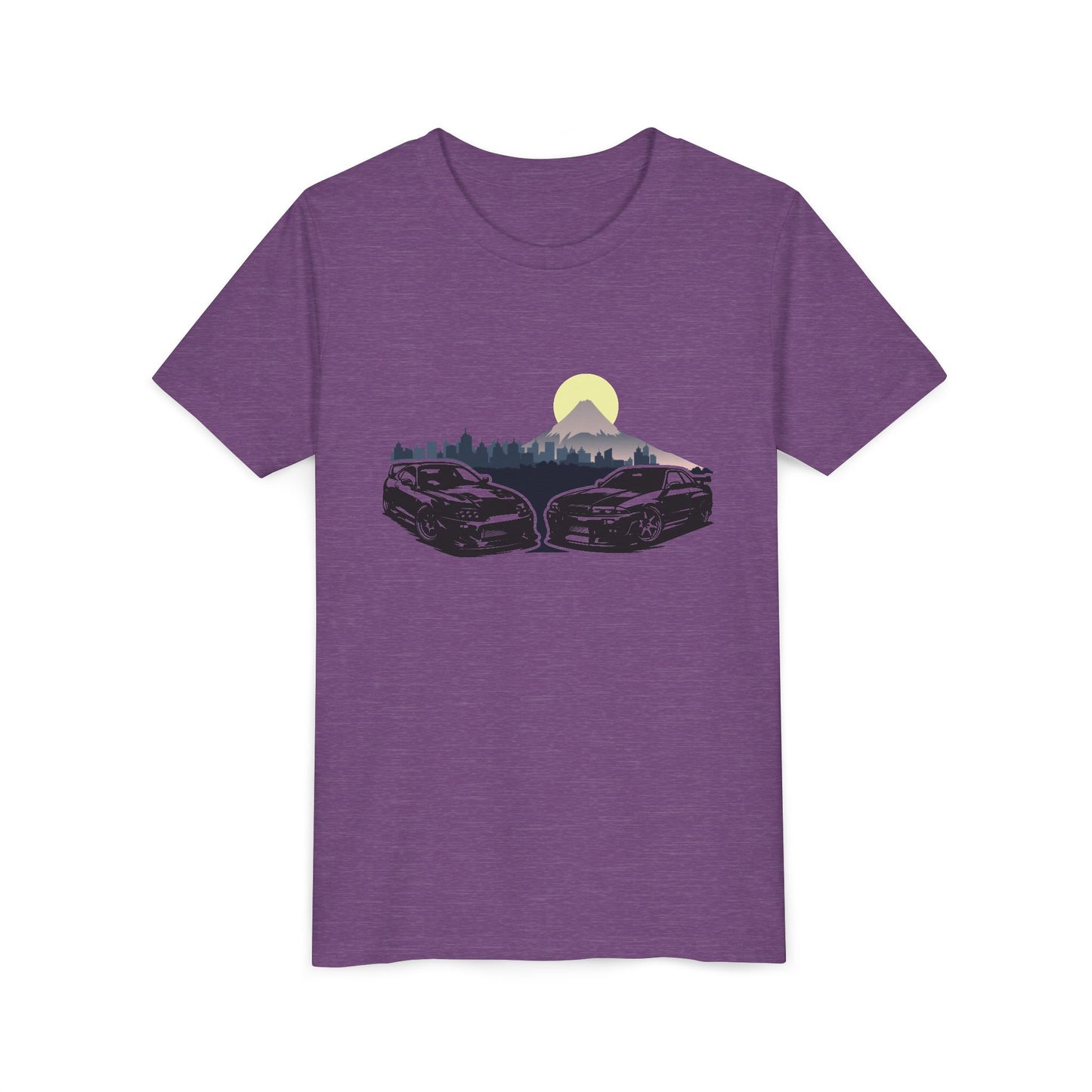 Skyline - Supra Youth Car Graphic Tee - Twin Sports Cars with Mountain Sunrise