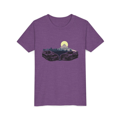 Skyline - Supra Youth Car Graphic Tee - Twin Sports Cars with Mountain Sunrise