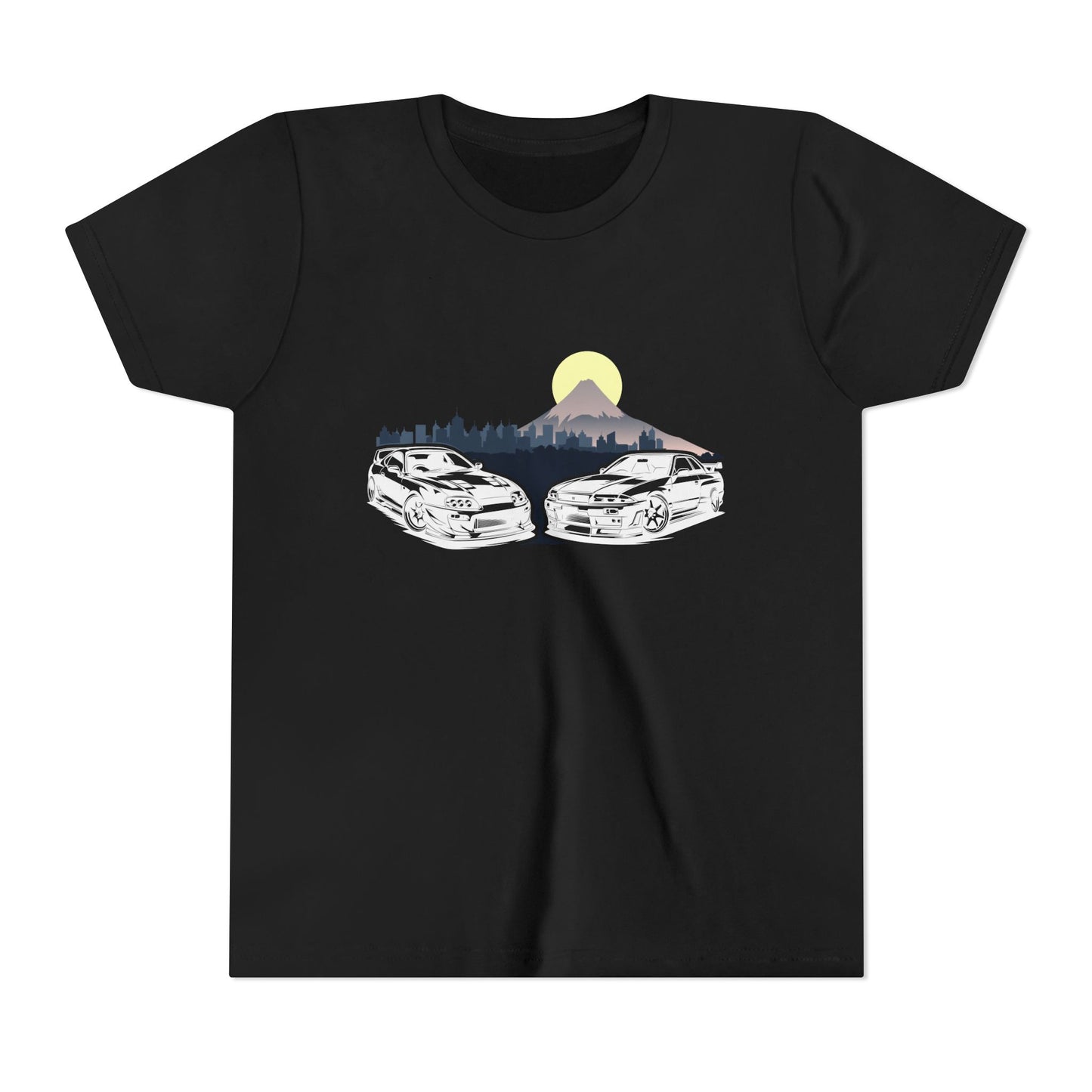 Skyline - Supra Youth Car Graphic Tee - Twin Sports Cars with Mountain Sunrise