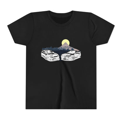 Skyline - Supra Youth Car Graphic Tee - Twin Sports Cars with Mountain Sunrise