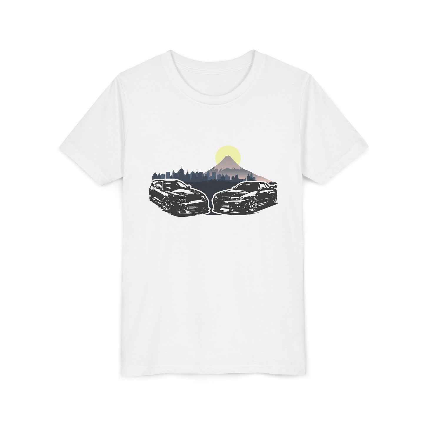 Skyline - Supra Youth Car Graphic Tee - Twin Sports Cars with Mountain Sunrise