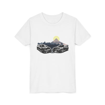 Skyline - Supra Youth Car Graphic Tee - Twin Sports Cars with Mountain Sunrise