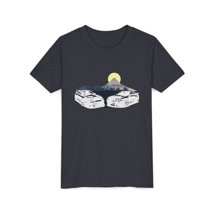 Skyline - Supra Youth Car Graphic Tee - Twin Sports Cars with Mountain Sunrise