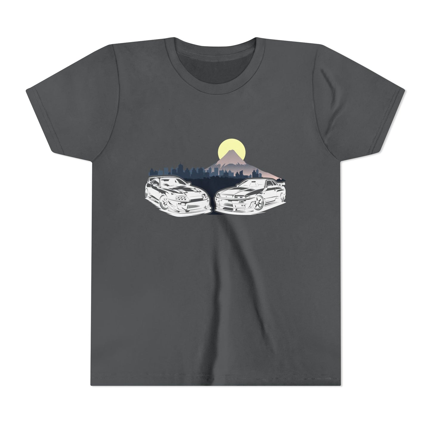 Skyline - Supra Youth Car Graphic Tee - Twin Sports Cars with Mountain Sunrise