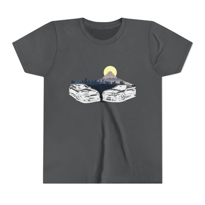 Skyline - Supra Youth Car Graphic Tee - Twin Sports Cars with Mountain Sunrise