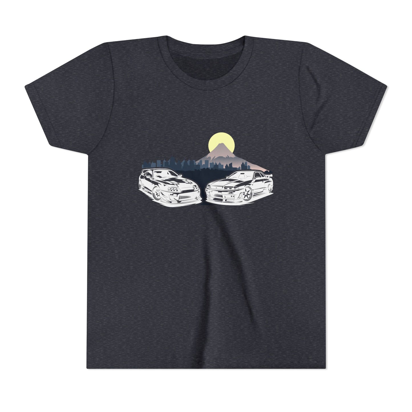 Skyline - Supra Youth Car Graphic Tee - Twin Sports Cars with Mountain Sunrise