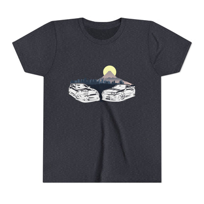 Skyline - Supra Youth Car Graphic Tee - Twin Sports Cars with Mountain Sunrise