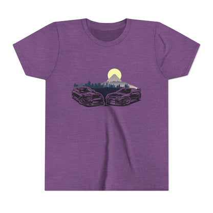 Skyline - Supra Youth Car Graphic Tee - Twin Sports Cars with Mountain Sunrise