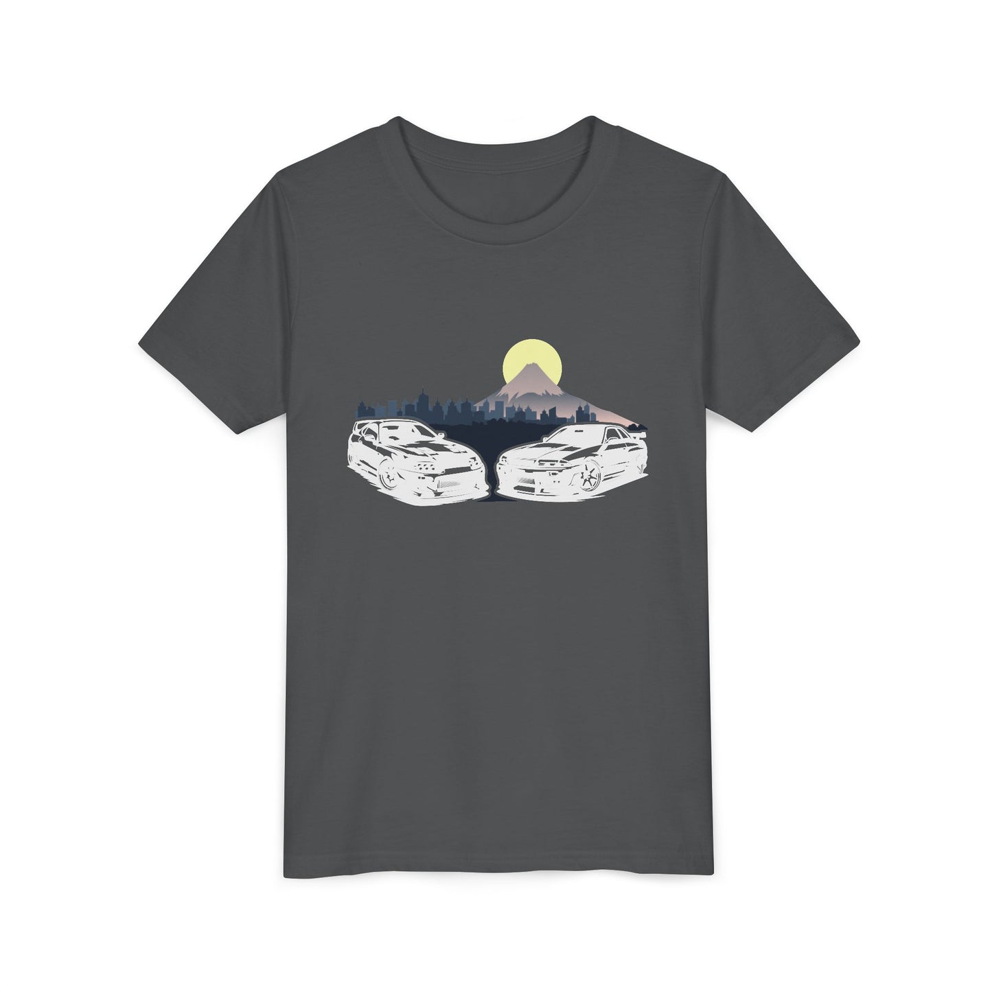Skyline - Supra Youth Car Graphic Tee - Twin Sports Cars with Mountain Sunrise