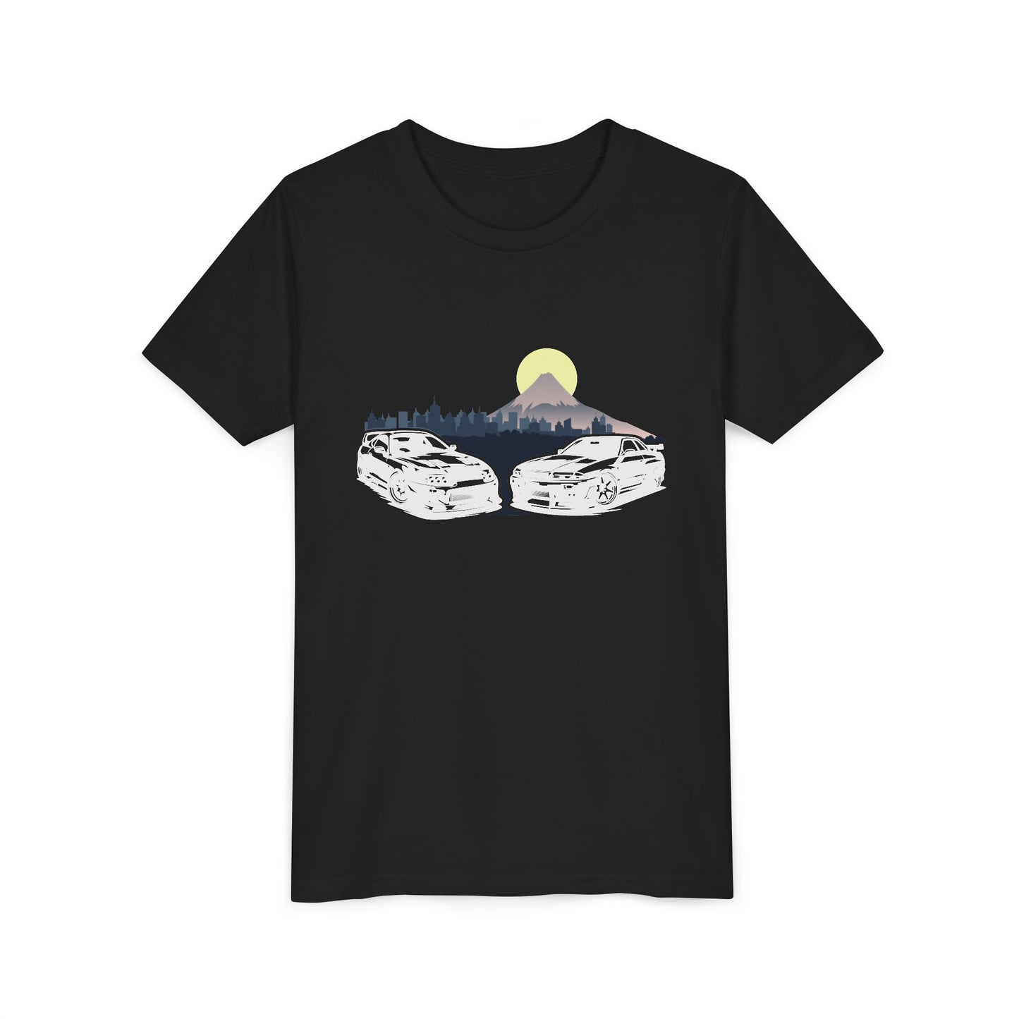 Skyline - Supra Youth Car Graphic Tee - Twin Sports Cars with Mountain Sunrise