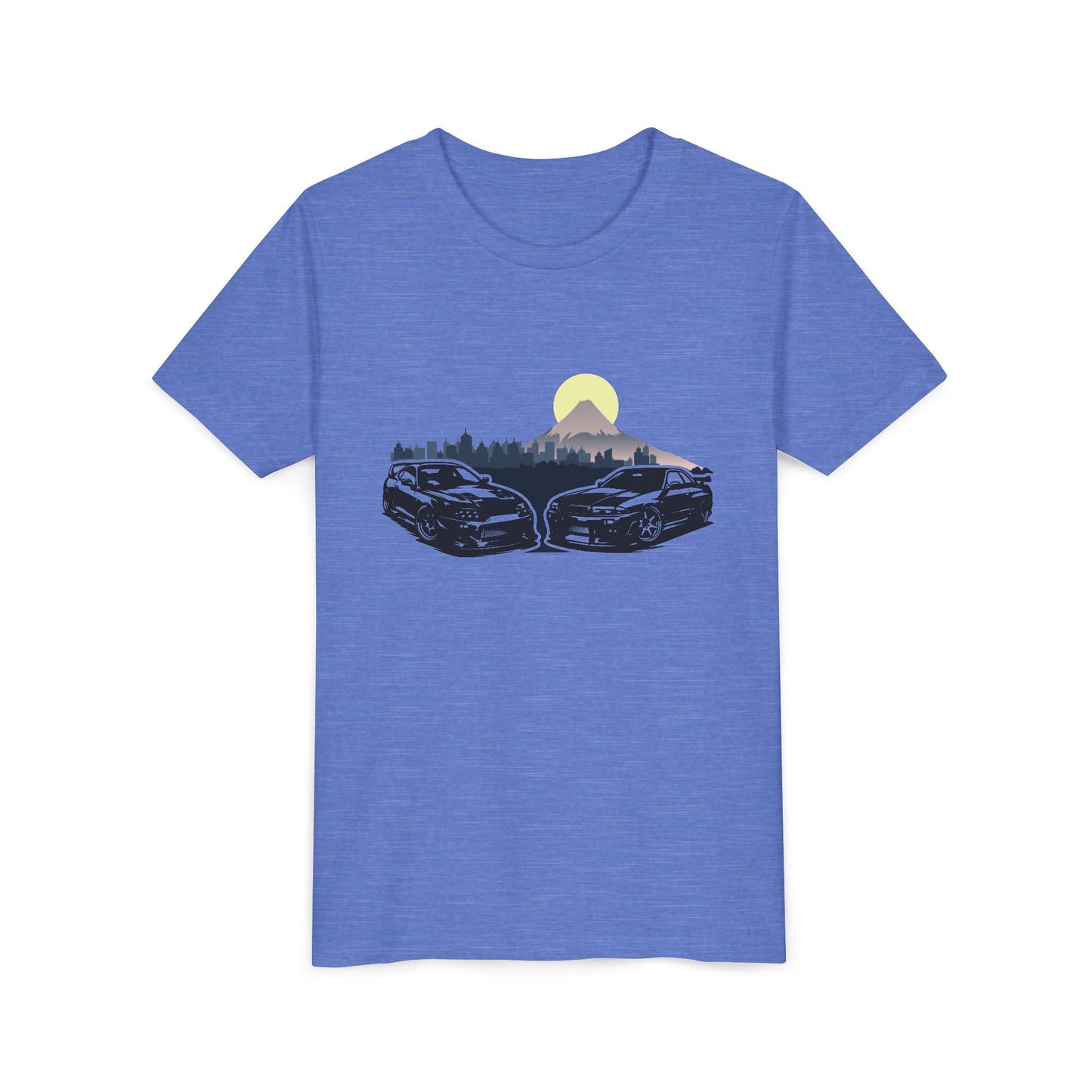 Skyline - Supra Youth Car Graphic Tee - Twin Sports Cars with Mountain Sunrise