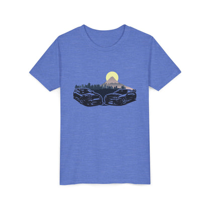Skyline - Supra Youth Car Graphic Tee - Twin Sports Cars with Mountain Sunrise