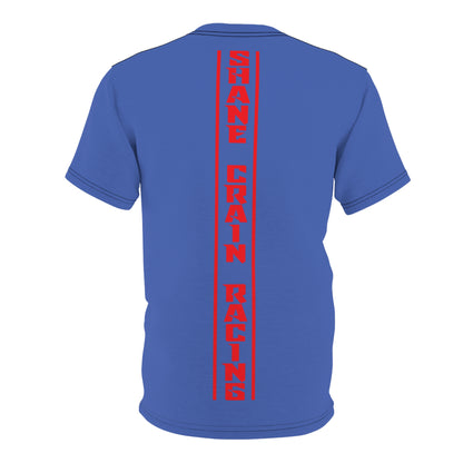 Shane Crain Racing Style Unisex Tee, Stylish Graphic Tee, Sporty AOP Shirt, Casual Everyday Wear, Perfect Gift for Race Fans, Comfortable Fitness Outfit Blue