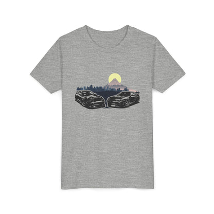 Skyline - Supra Youth Car Graphic Tee - Twin Sports Cars with Mountain Sunrise