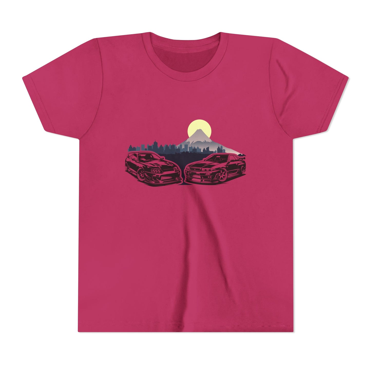 Skyline - Supra Youth Car Graphic Tee - Twin Sports Cars with Mountain Sunrise