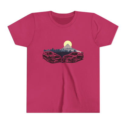 Skyline - Supra Youth Car Graphic Tee - Twin Sports Cars with Mountain Sunrise